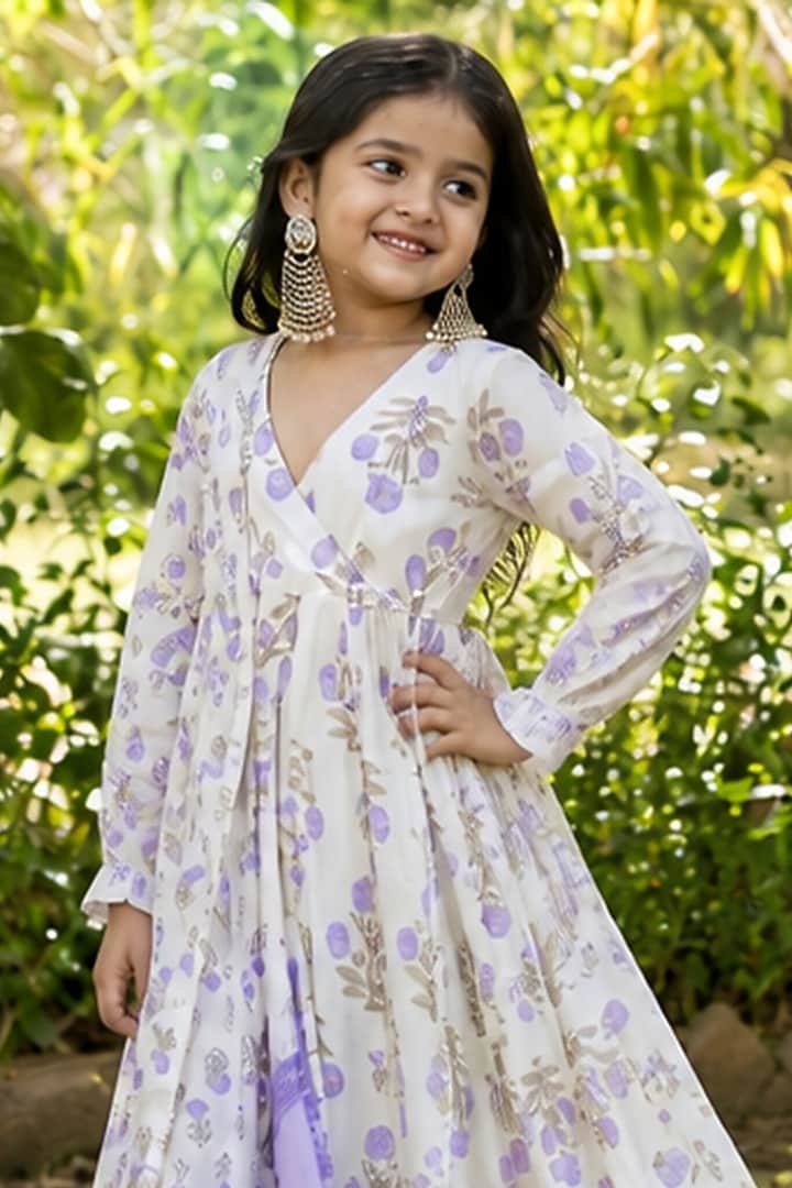 White Cotton Angrakha Anarkali Set For Girls by House Of Jamoti Kids at Pernia's Pop Up Shop
