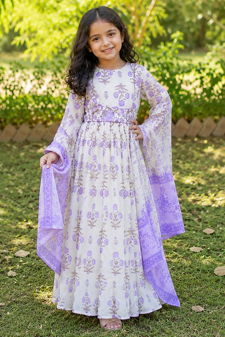 White Cotton Anarkali Set For Girls by House Of Jamoti Kids at Pernia's Pop Up Shop