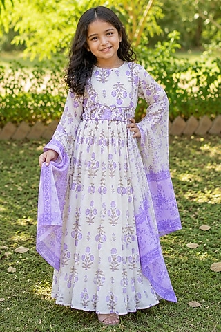 White Cotton Anarkali Set For Girls by House Of Jamoti Kids