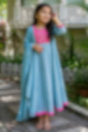Blue & Pink Mul Chanderi Hand Work Anarkali Set For Girls by House Of Jamoti Kids at Pernia's Pop Up Shop