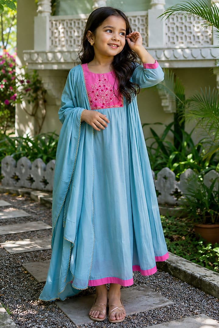 Blue & Pink Mul Chanderi Hand Work Anarkali Set For Girls by House Of Jamoti Kids at Pernia's Pop Up Shop
