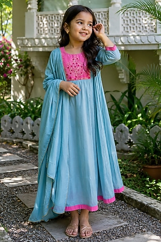 Blue & Pink Mul Chanderi Hand Work Anarkali Set For Girls by House Of Jamoti Kids