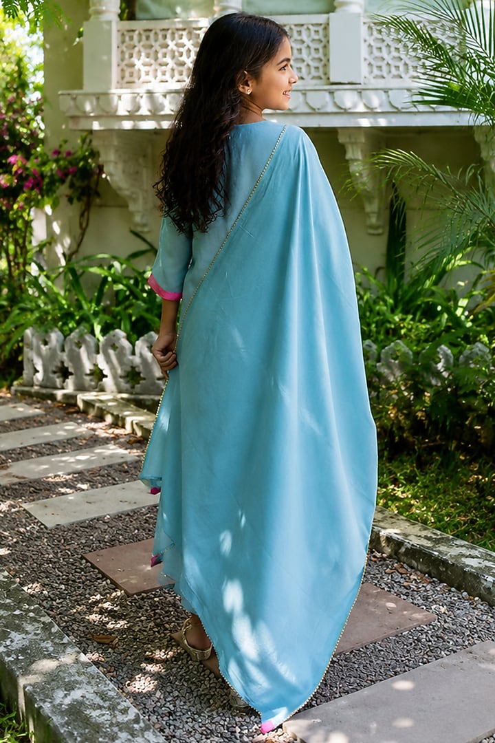 Blue & Pink Mul Chanderi Hand Work Anarkali Set For Girls by House Of Jamoti Kids at Pernia's Pop Up Shop