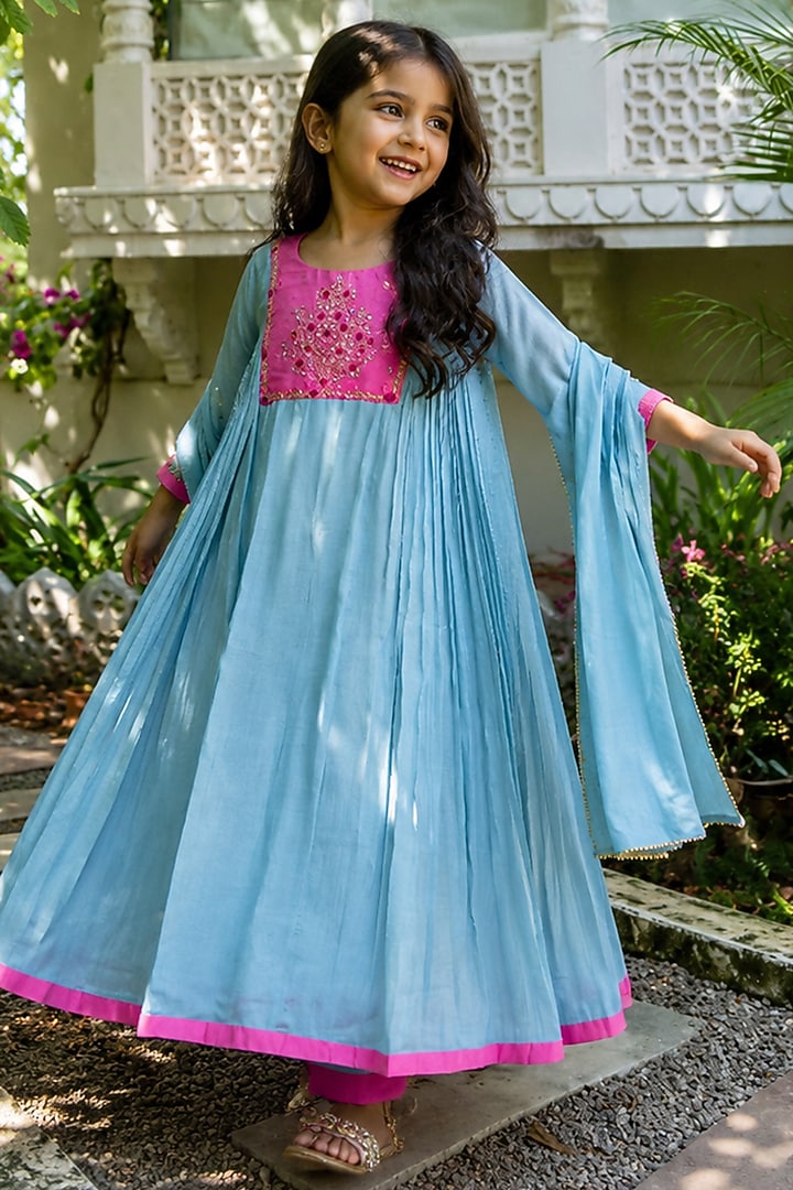 Blue & Pink Mul Chanderi Hand Work Anarkali Set For Girls by House Of Jamoti Kids at Pernia's Pop Up Shop