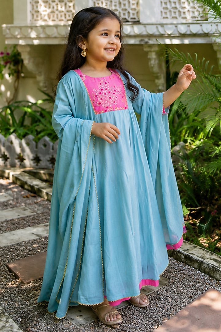 Blue & Pink Mul Chanderi Hand Work Anarkali Set For Girls by House Of Jamoti Kids at Pernia's Pop Up Shop