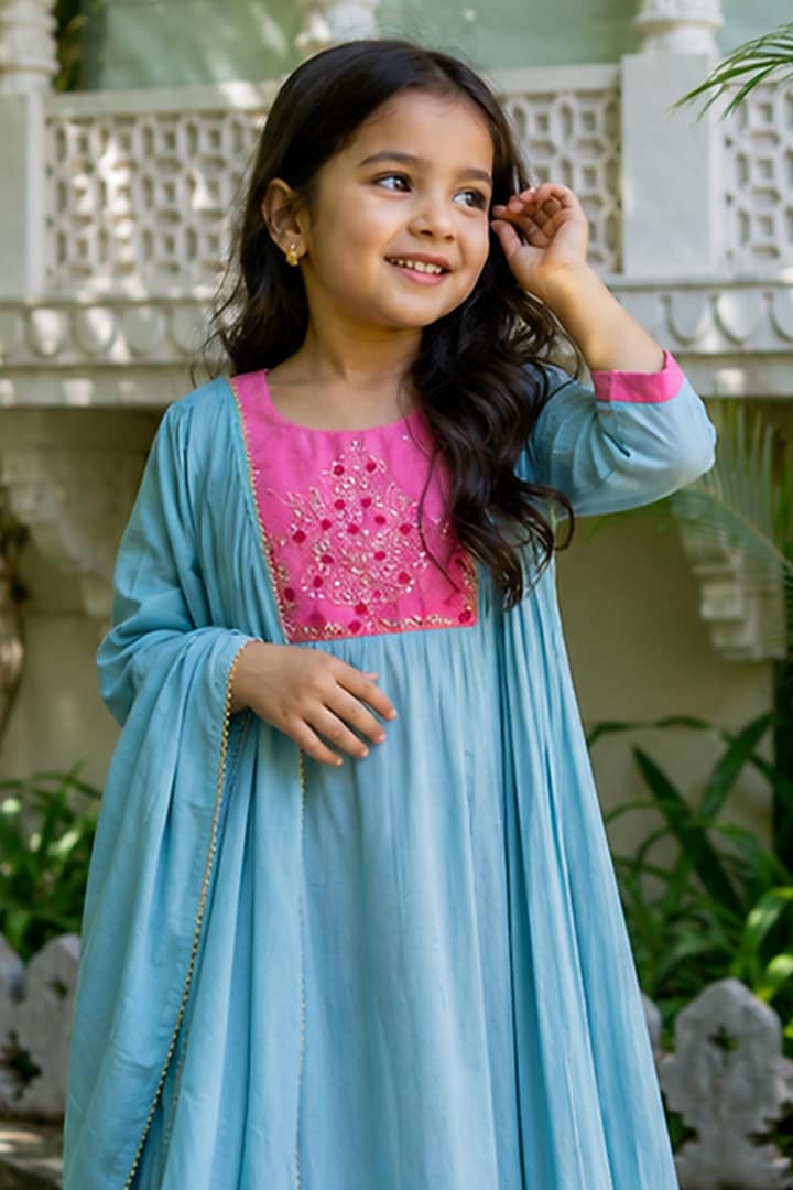 Blue & Pink Mul Chanderi Hand Work Anarkali Set For Girls by House Of Jamoti Kids at Pernia's Pop Up Shop