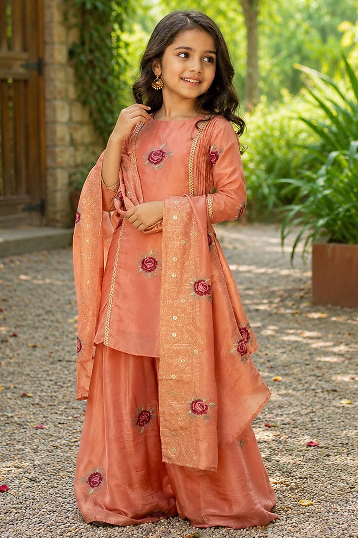 Peach Tissue Machine Embroidered Kurta Set For Girls by House Of Jamoti Kids at Pernia's Pop Up Shop