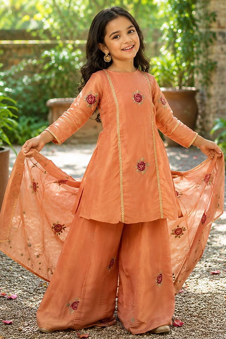 Peach Tissue Machine Embroidered Kurta Set For Girls by House Of Jamoti Kids at Pernia's Pop Up Shop