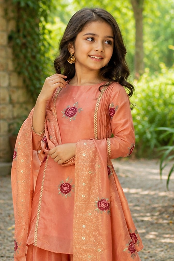 Peach Tissue Machine Embroidered Kurta Set For Girls by House Of Jamoti Kids at Pernia's Pop Up Shop
