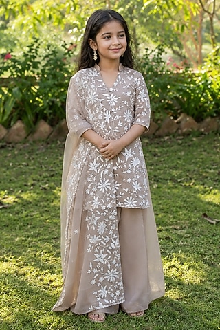 Taupe Chiffon Embroidered Kurta Set For Girls by House Of Jamoti Kids