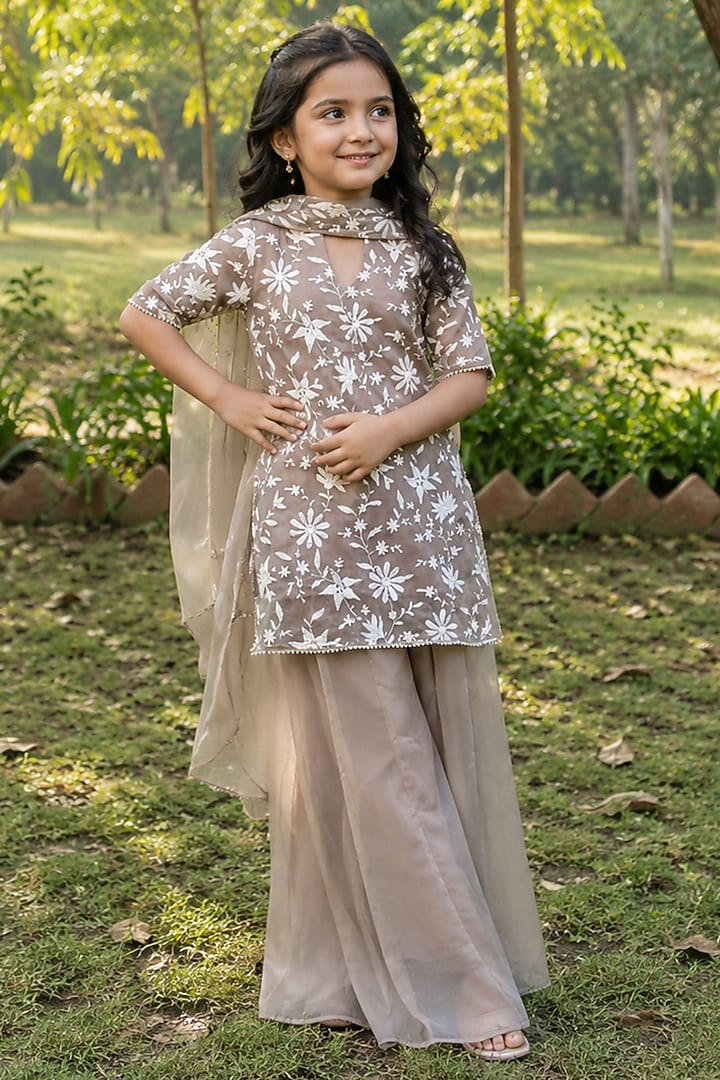 Taupe Chiffon Embroidered Kurta Set For Girls by House Of Jamoti Kids at Pernia's Pop Up Shop