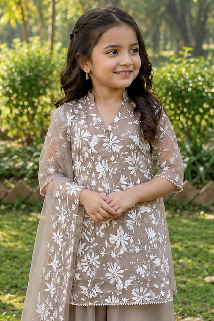 Taupe Chiffon Embroidered Kurta Set For Girls by House Of Jamoti Kids at Pernia's Pop Up Shop