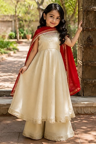 Ivory Tissue Anarkali Set For Girls by House Of Jamoti Kids