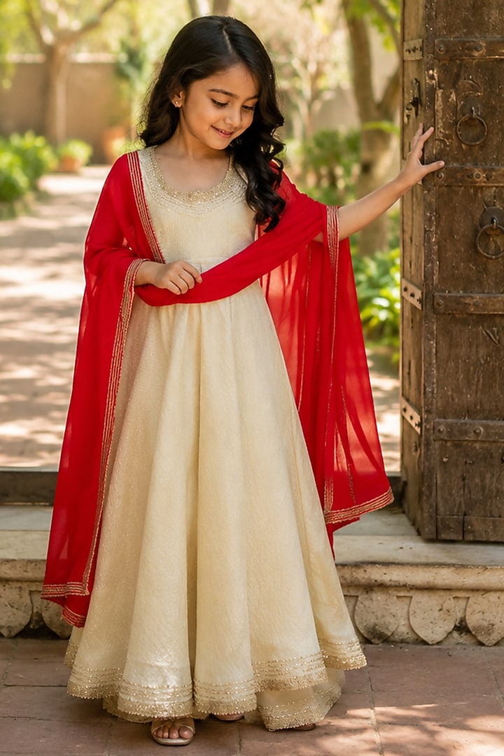 Ivory Tissue Anarkali Set For Girls by House Of Jamoti Kids at Pernia's Pop Up Shop
