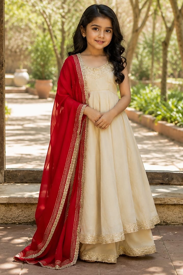 Ivory Tissue Anarkali Set For Girls by House Of Jamoti Kids at Pernia's Pop Up Shop