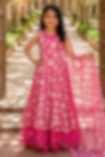 Pink Chiffon Floral Embroidered Anarkali Set For Girls by House Of Jamoti Kids at Pernia's Pop Up Shop
