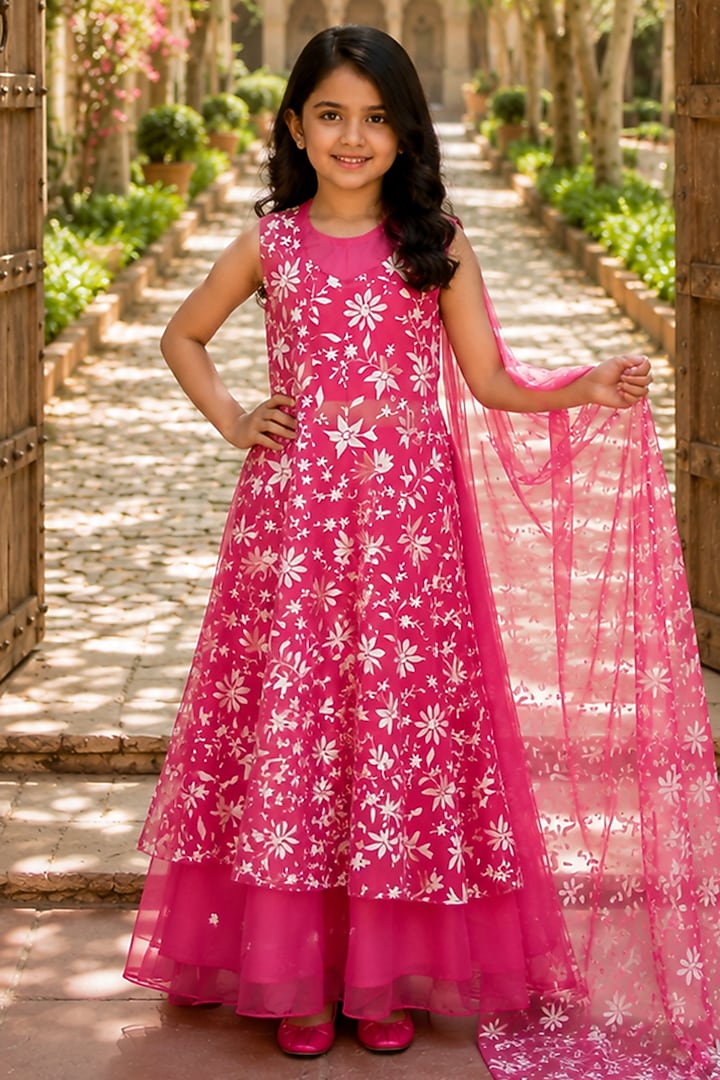 Pink Chiffon Floral Embroidered Anarkali Set For Girls by House Of Jamoti Kids at Pernia's Pop Up Shop