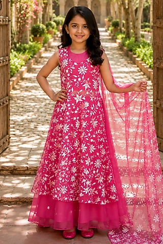 Pink Chiffon Floral Embroidered Anarkali Set For Girls by House Of Jamoti Kids
