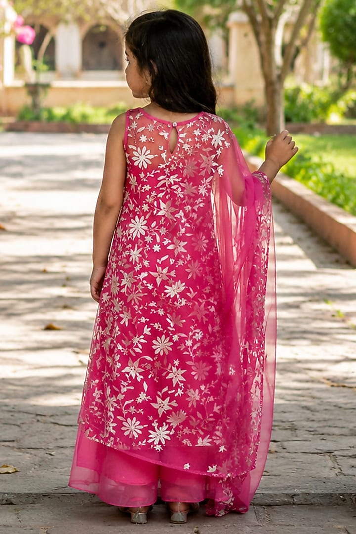 Pink Chiffon Floral Embroidered Anarkali Set For Girls by House Of Jamoti Kids at Pernia's Pop Up Shop
