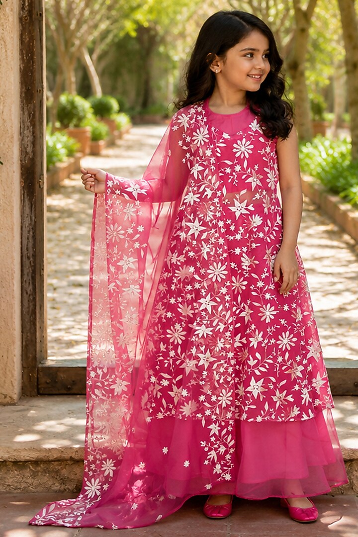 Pink Chiffon Floral Embroidered Anarkali Set For Girls by House Of Jamoti Kids at Pernia's Pop Up Shop