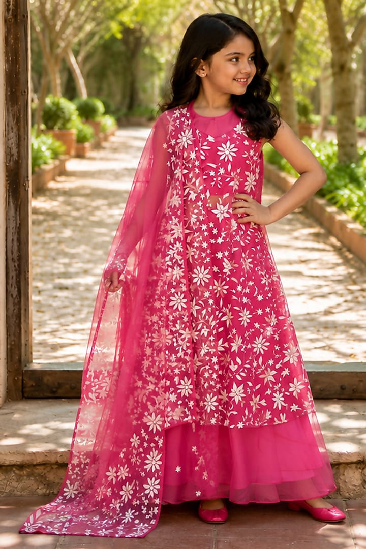 Pink Chiffon Floral Embroidered Anarkali Set For Girls by House Of Jamoti Kids at Pernia's Pop Up Shop
