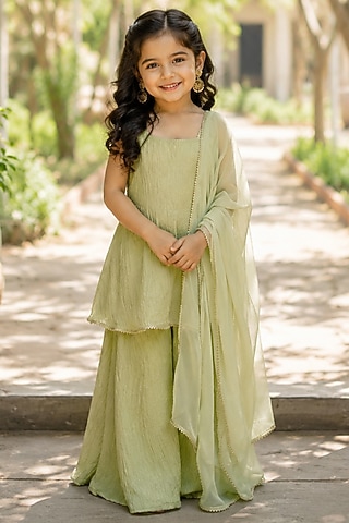 Mint Green Crushed Tissue Sharara Set For Girls by House Of Jamoti Kids