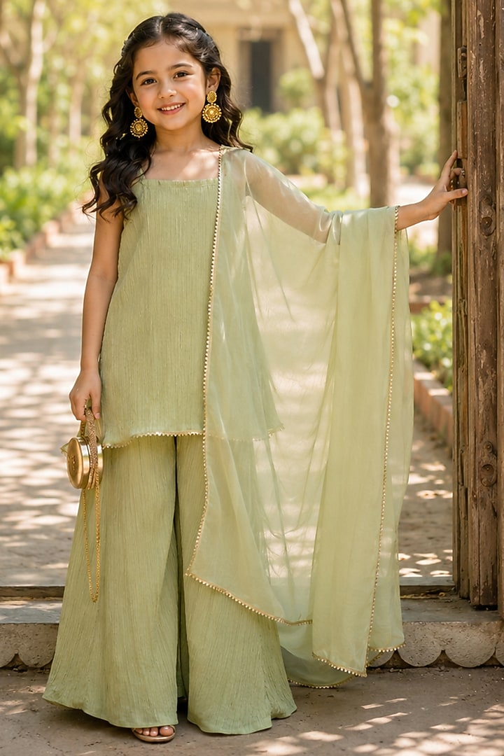 Mint Green Crushed Tissue Sharara Set For Girls by House Of Jamoti Kids at Pernia's Pop Up Shop