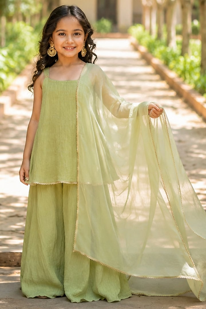 Mint Green Crushed Tissue Sharara Set For Girls by House Of Jamoti Kids at Pernia's Pop Up Shop