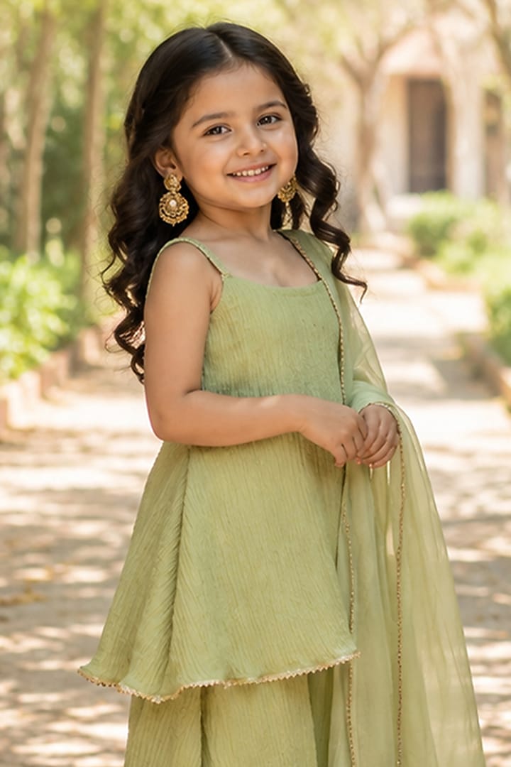 Mint Green Crushed Tissue Sharara Set For Girls by House Of Jamoti Kids at Pernia's Pop Up Shop