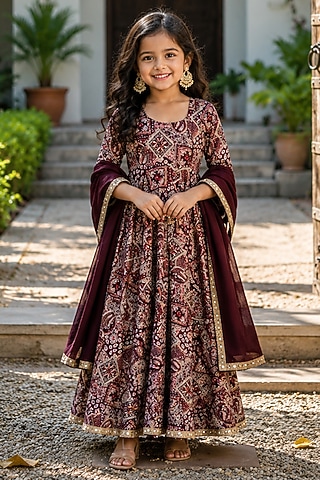 Wine Cotton Printed Anarkali Set For Girls by House Of Jamoti Kids