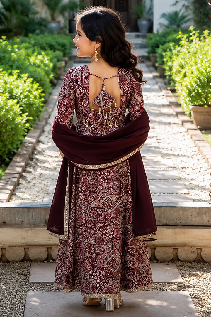 Wine Cotton Printed Anarkali Set For Girls by House Of Jamoti Kids at Pernia's Pop Up Shop