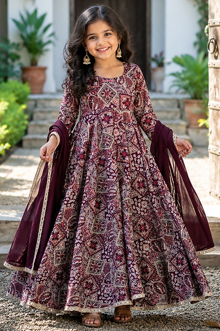 Wine Cotton Printed Anarkali Set For Girls by House Of Jamoti Kids at Pernia's Pop Up Shop