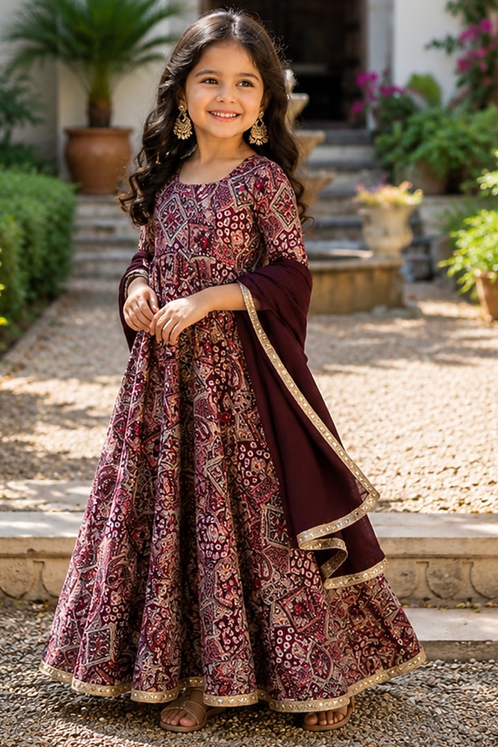 Wine Cotton Printed Anarkali Set For Girls by House Of Jamoti Kids at Pernia's Pop Up Shop
