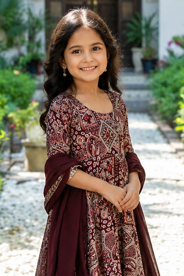 Wine Cotton Printed Anarkali Set For Girls by House Of Jamoti Kids at Pernia's Pop Up Shop