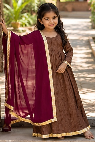 Brown Crushed Tissue Anarkali Set For Girls by House Of Jamoti Kids