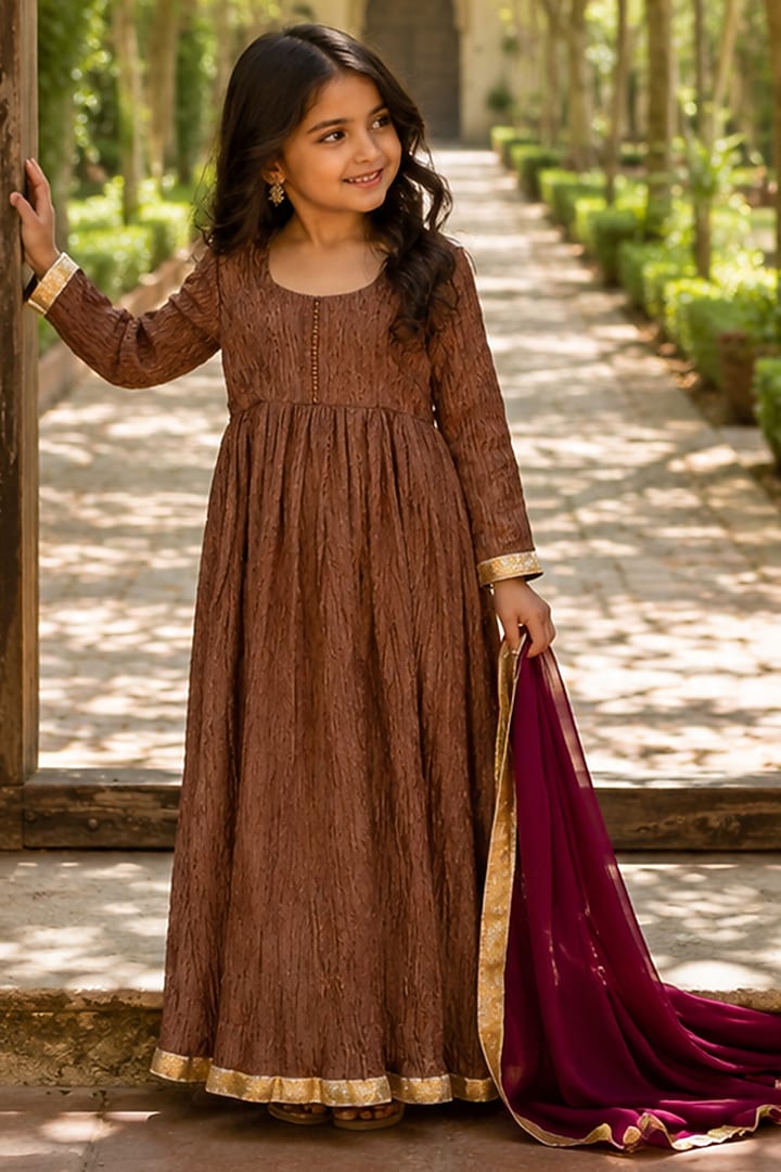 Brown Crushed Tissue Anarkali Set For Girls by House Of Jamoti Kids at Pernia's Pop Up Shop