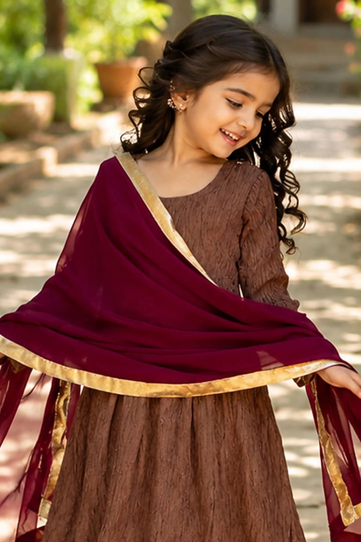 Brown Crushed Tissue Anarkali Set For Girls by House Of Jamoti Kids at Pernia's Pop Up Shop