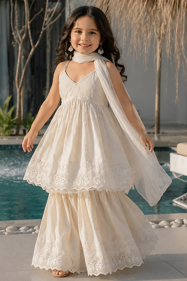 White Cotton Sharara Set For Girls by House Of Jamoti Kids at Pernia's Pop Up Shop