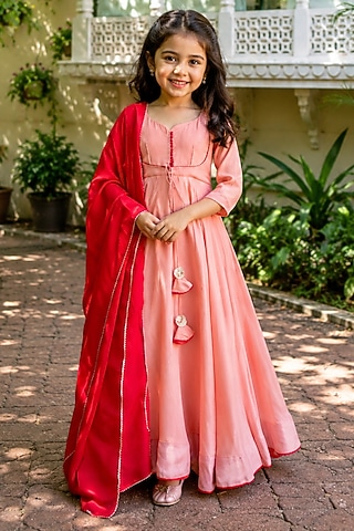 Light Pink Mul Chanderi Anarkali Set For Girls by House Of Jamoti Kids