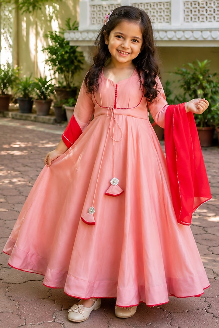 Light Pink Mul Chanderi Anarkali Set For Girls by House Of Jamoti Kids at Pernia's Pop Up Shop