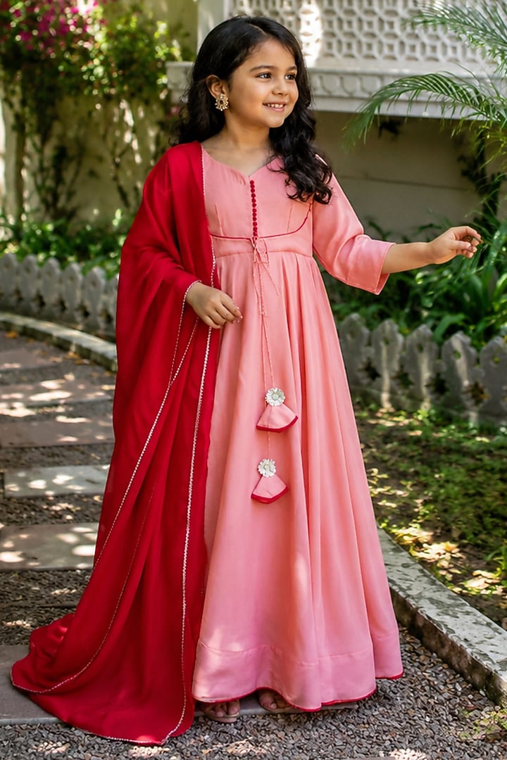 Light Pink Mul Chanderi Anarkali Set For Girls by House Of Jamoti Kids at Pernia's Pop Up Shop