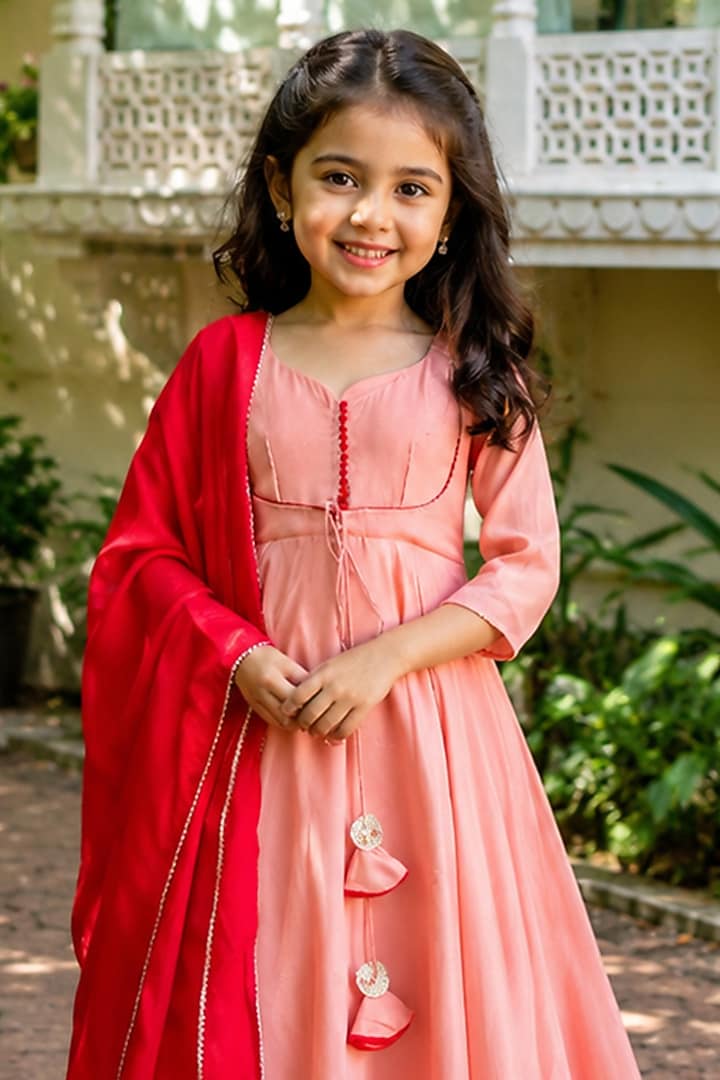 Light Pink Mul Chanderi Anarkali Set For Girls by House Of Jamoti Kids at Pernia's Pop Up Shop