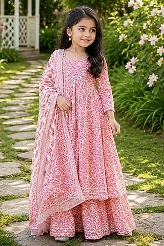 Pink Cotton Printed Anarkali Set For Girls by House Of Jamoti Kids