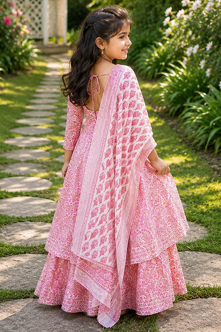 Pink Cotton Printed Anarkali Set For Girls by House Of Jamoti Kids at Pernia's Pop Up Shop