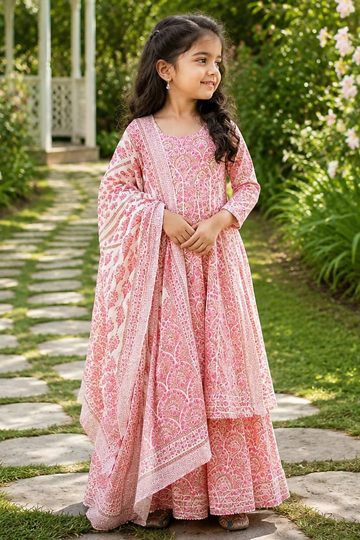 Pink Cotton Printed Anarkali Set For Girls by House Of Jamoti Kids at Pernia's Pop Up Shop