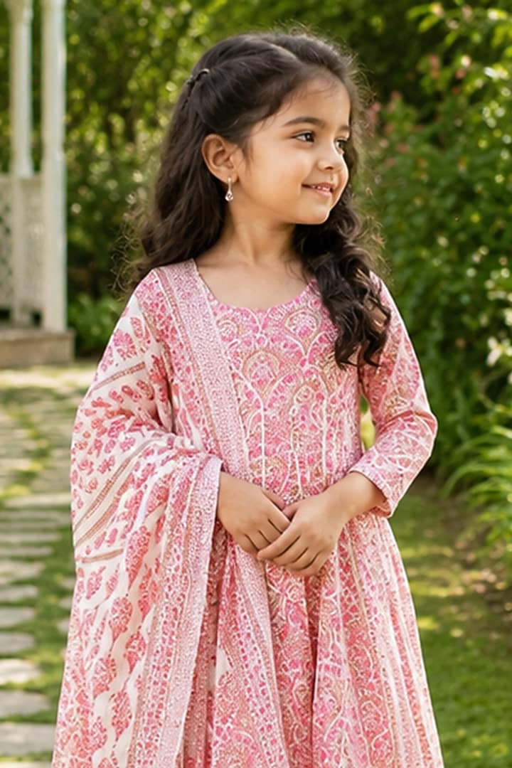 Pink Cotton Printed Anarkali Set For Girls by House Of Jamoti Kids at Pernia's Pop Up Shop