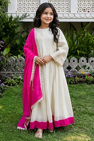 Ivory Tissue Anarkali Set For Girls by House Of Jamoti Kids
