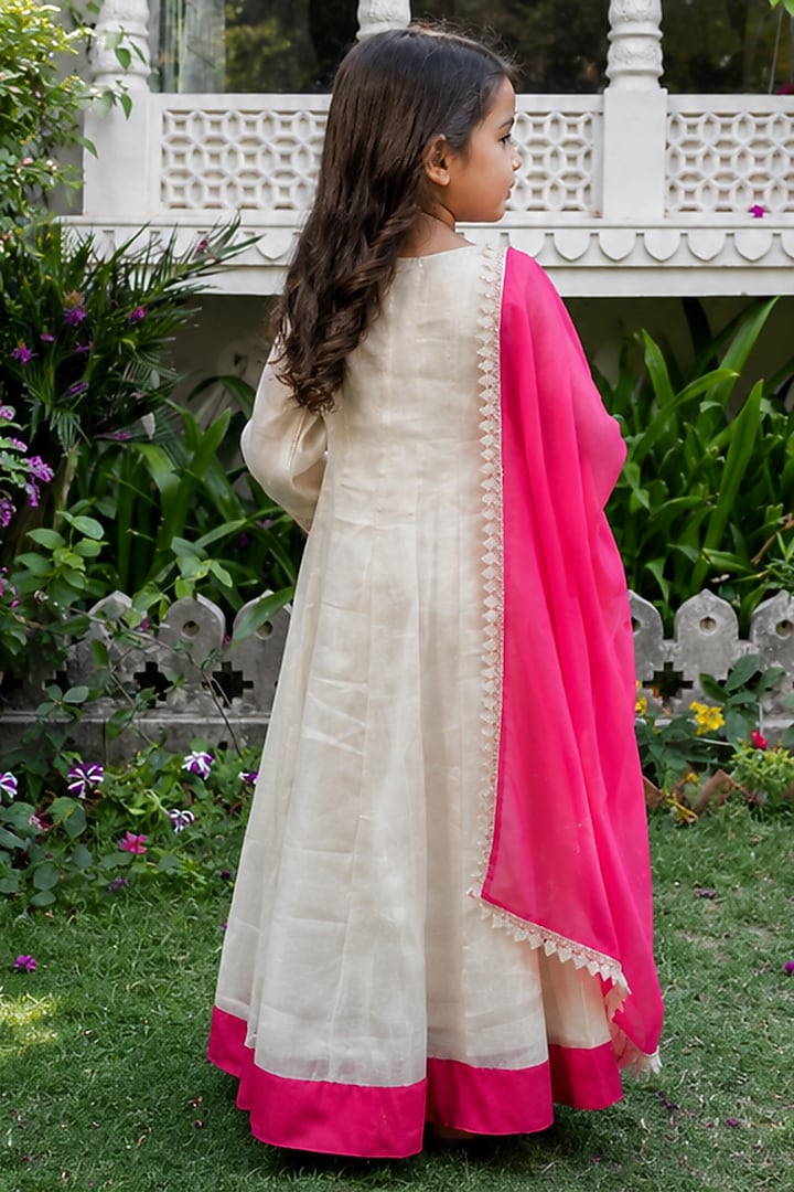 Ivory Tissue Anarkali Set For Girls by House Of Jamoti Kids at Pernia's Pop Up Shop