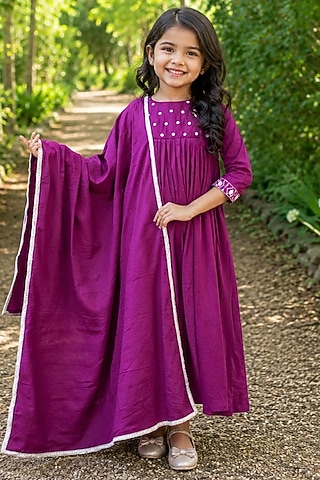 Burgundy Cotton Mirror Work Anarkali Set For Girls by House Of Jamoti Kids