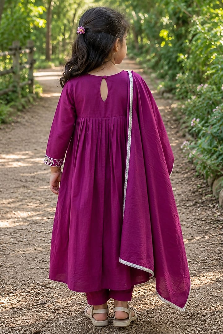 Burgundy Cotton Mirror Work Anarkali Set For Girls by House Of Jamoti Kids at Pernia's Pop Up Shop